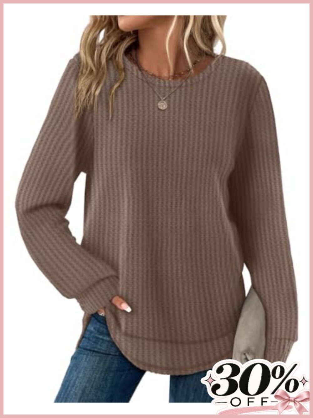 Waffle Knit Tunic Top Long Sleeve Curved Hem Pullover Women's Shirt